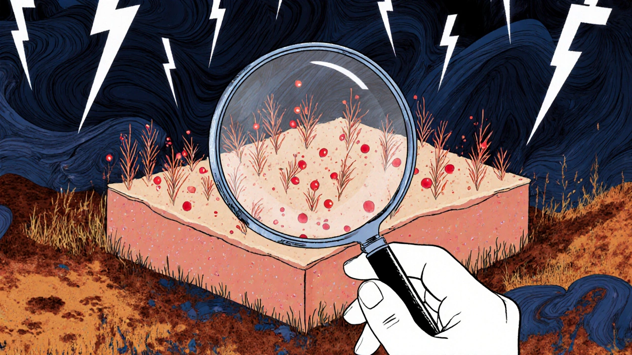 A magnifying glass reveals glowing skin lesions spreading like weeds across a field, under rain of UV lightning rays.