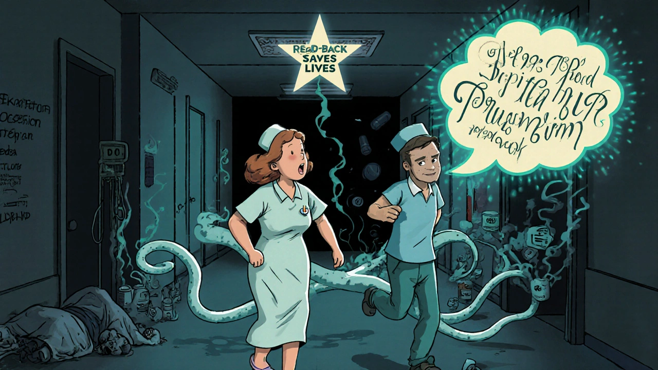 A nurse and doctor share a moment of safety verification, with a glowing correct drug name spiraling between them.