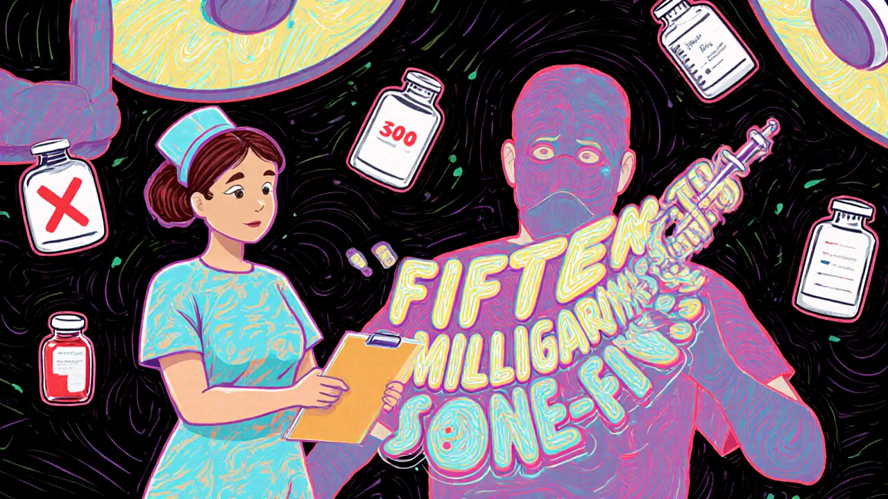 A nurse reads back a medication dose in an operating room, with dangerous dosage shadows looming nearby.