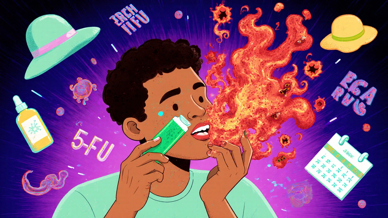 A person applying cream to their cheek as fiery skin reactions transform cancer cells into smoke, surrounded by sun protection symbols.