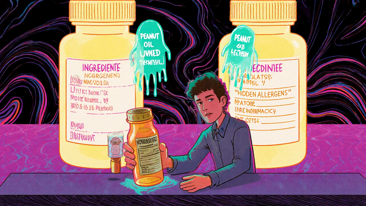 A pharmacist handing a pill bottle with invisible allergens floating above it.