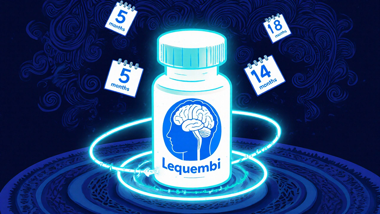 Alzheimer&#039;s drug vial emitting MRI rings with brain scan inside, glowing neon patterns and calendar dates.