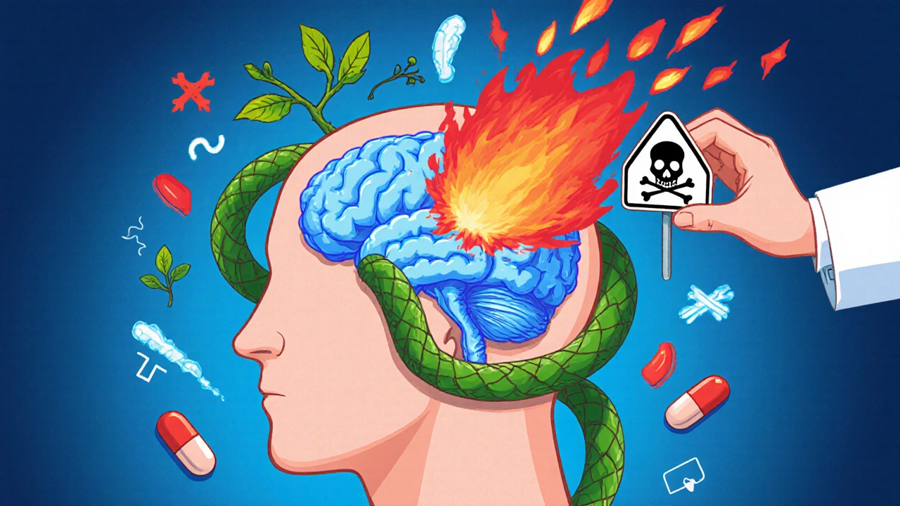 Brain with serotonin overload from St. John’s Wort and SSRI interaction, symptoms exploding.