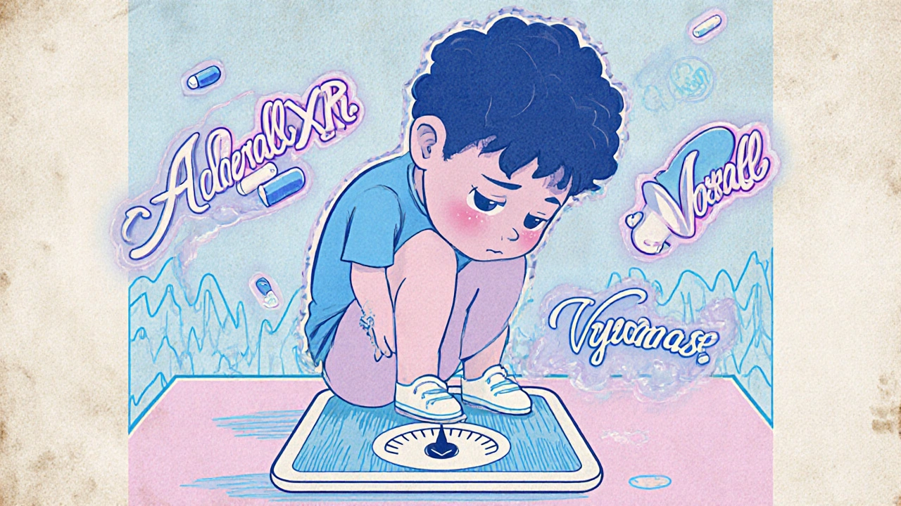 Child on a scale with ADHD meds and warning signs floating around, pastel tones and ink outlines.