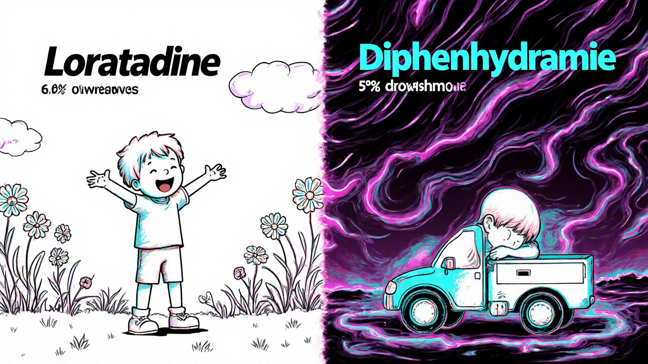 Child playing happily vs. drowsy child under contrasting skies showing side effect differences.