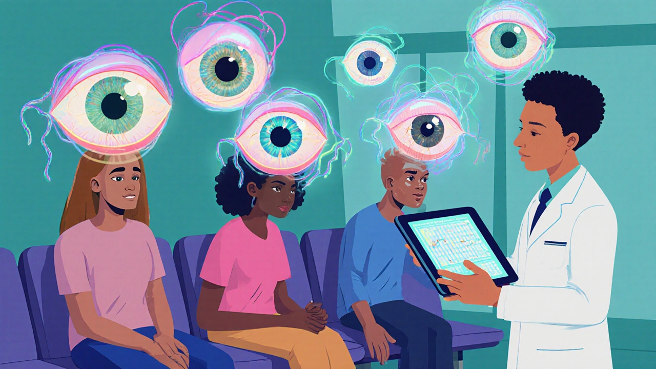 Diverse patients with floating retinal images in a clinic, doctor using AI tablet for digital eye screening.