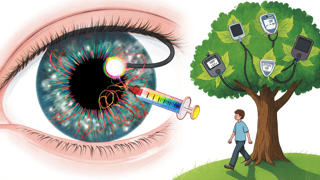 Eye receiving rainbow-colored injections that dissolve damaged vessels, with healthy lifestyle symbols in background.