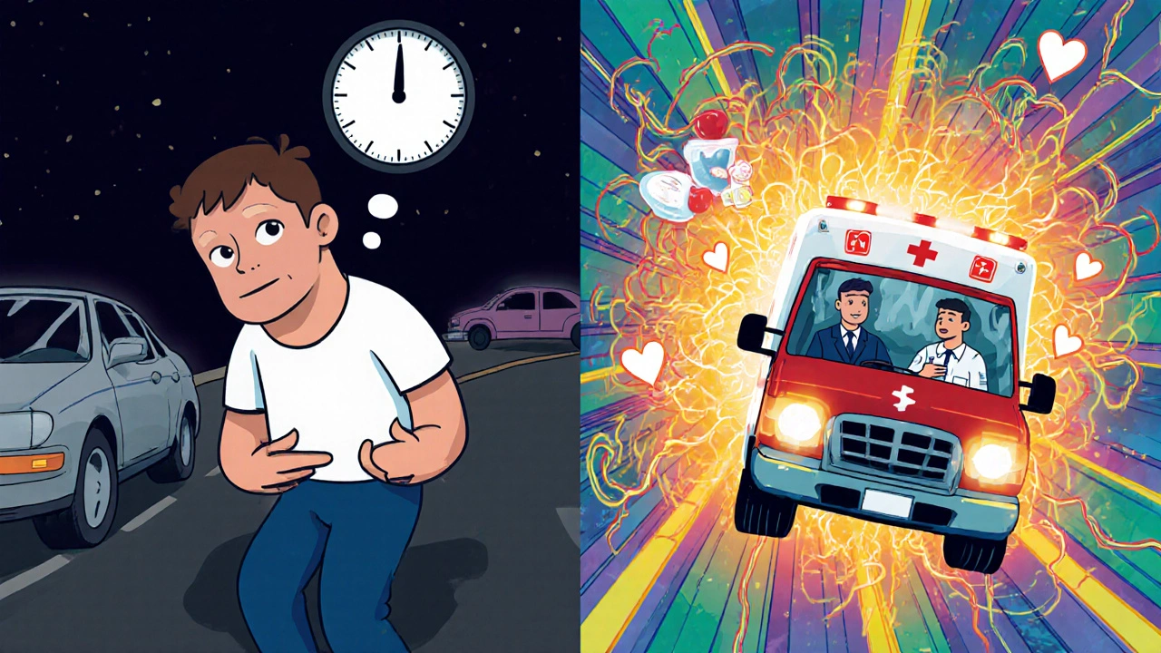 Man choosing between driving or calling 9-1-1, with contrasting scenes of slow car ride vs. glowing ambulance speeding through a colorful tunnel.
