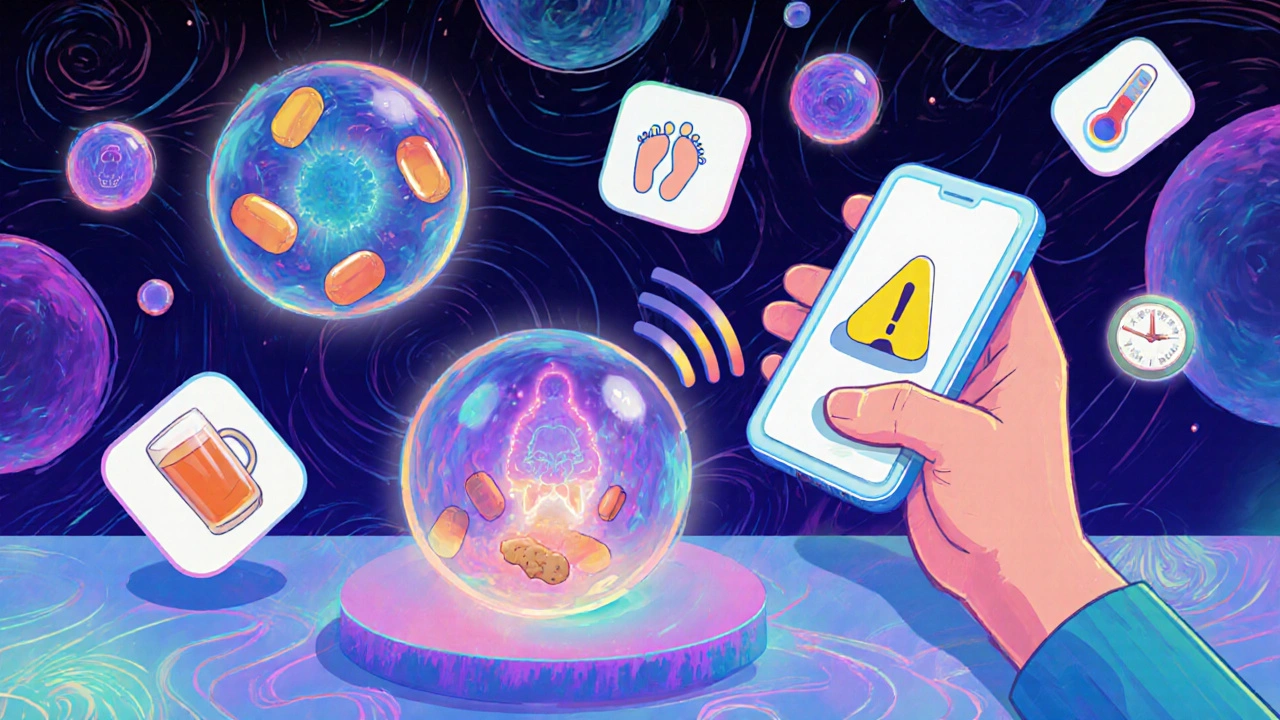 Medical lab scene with protective capsules shielding bone marrow, surrounded by healing symbols in vibrant swirls.