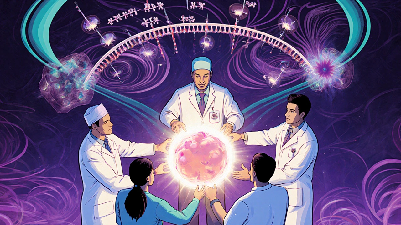 Medical team passing a glowing tumor model surrounded by ctDNA strands and treatment timelines in swirling colors.