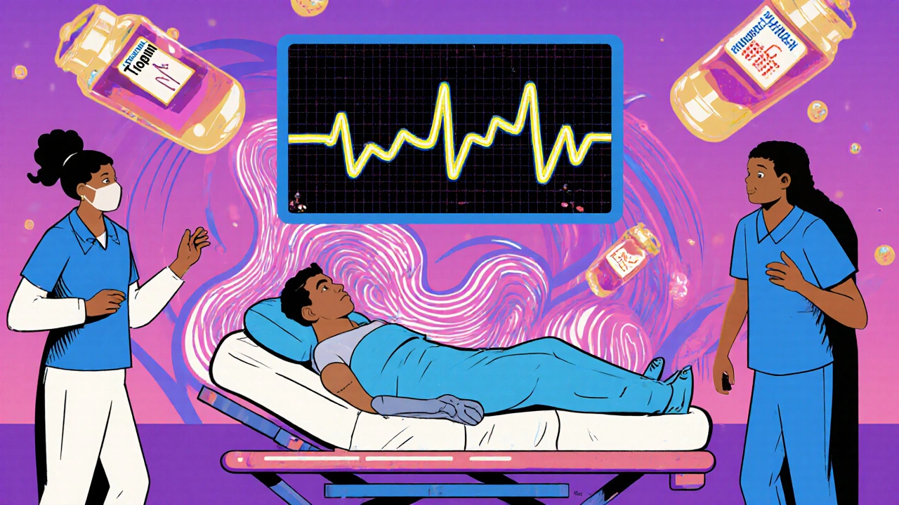 Patient on gurney with a swirling ECG waveform above, medical staff moving dynamically in a vibrant ER scene.