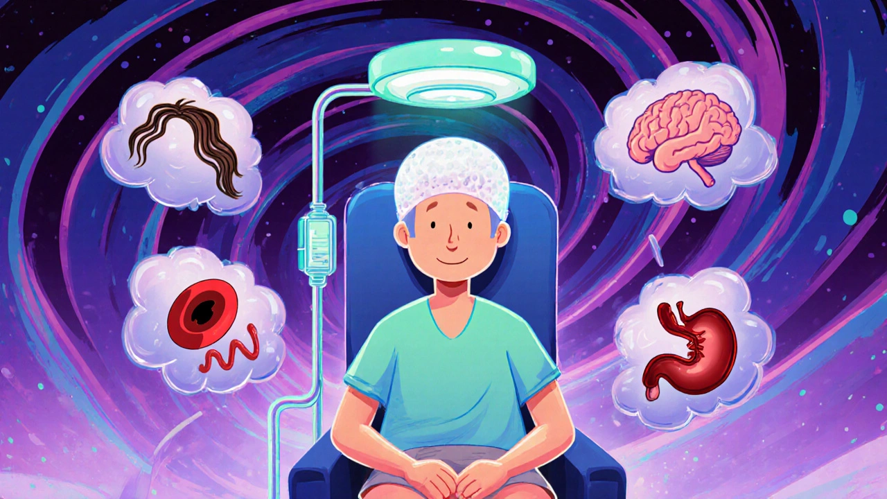 Patient receiving chemo with floating symbols of side effects and a scalp cooling cap in psychedelic style.