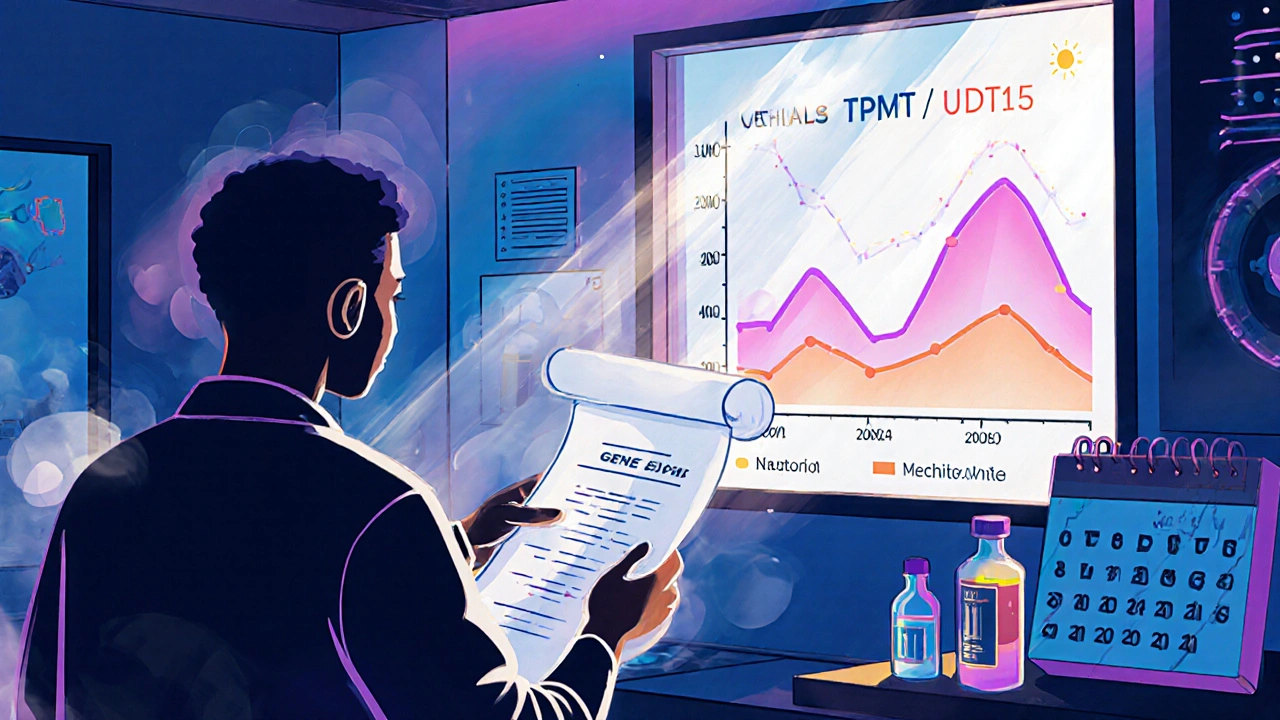Patient receiving genetic test results with glowing TPMT and NUDT15 gene profiles in background.