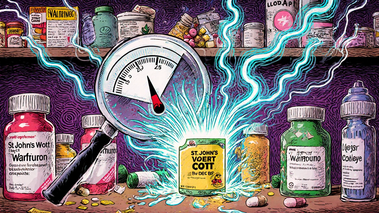 Pharmacy shelf with St. John’s Wort causing prescription drugs to fade and crumble.