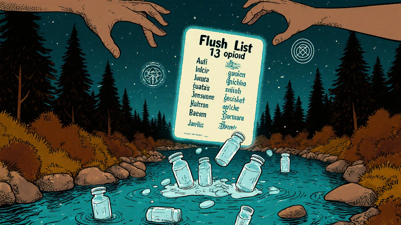 Pills dissolving in a river while sacred opioid names glow in the sky above a forest.