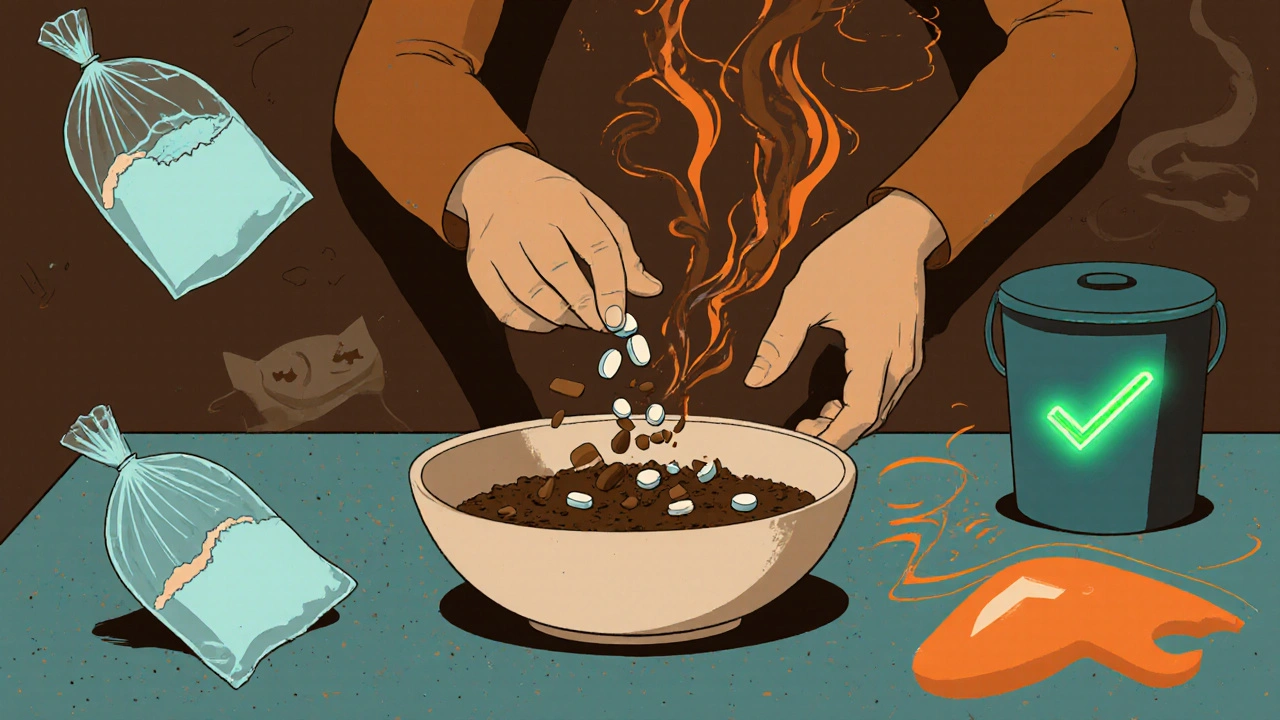 Someone mixing expired pills with coffee grounds at home, sealed in plastic for safe disposal.