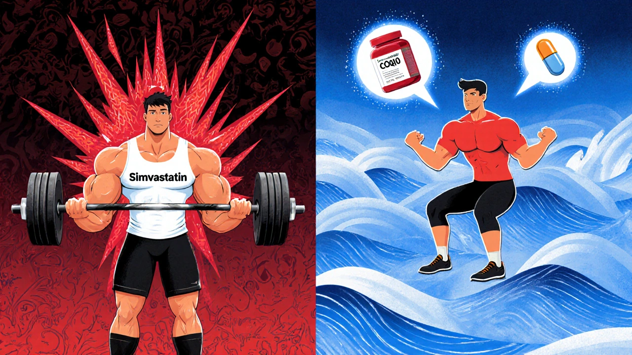 Split image: heavy lifting with red energy vs. squats with blue energy, symbolizing statin effects.