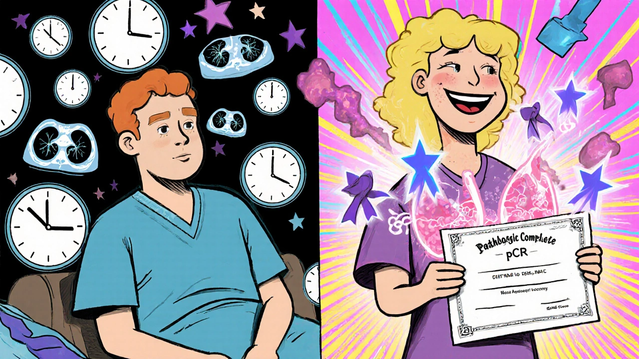 Split scene: anxious patient waiting for surgery vs. hopeful patient holding a pCR certificate with dissolving tumors.