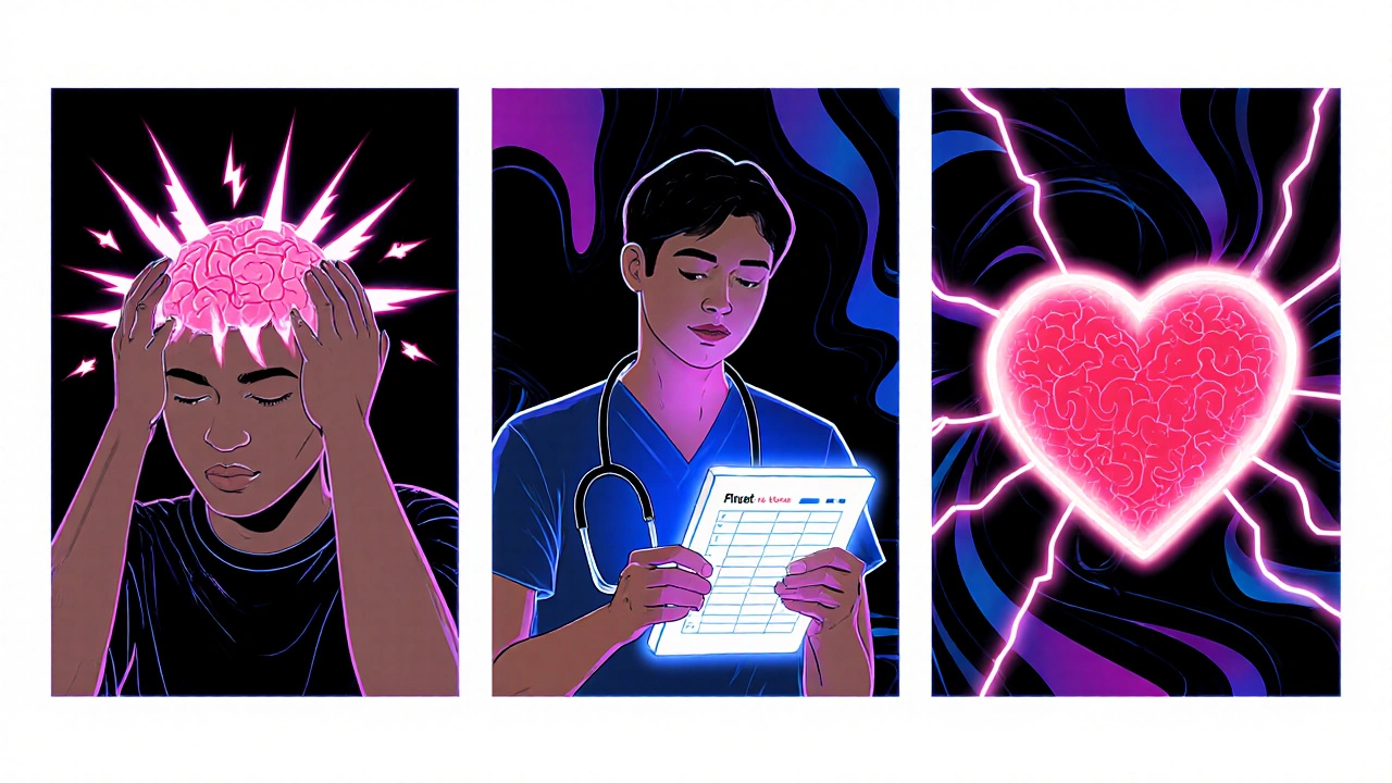 Three-panel psychedelic scene: brain zaps, doctor monitoring symptoms, and a glowing chain connecting heart and brain.