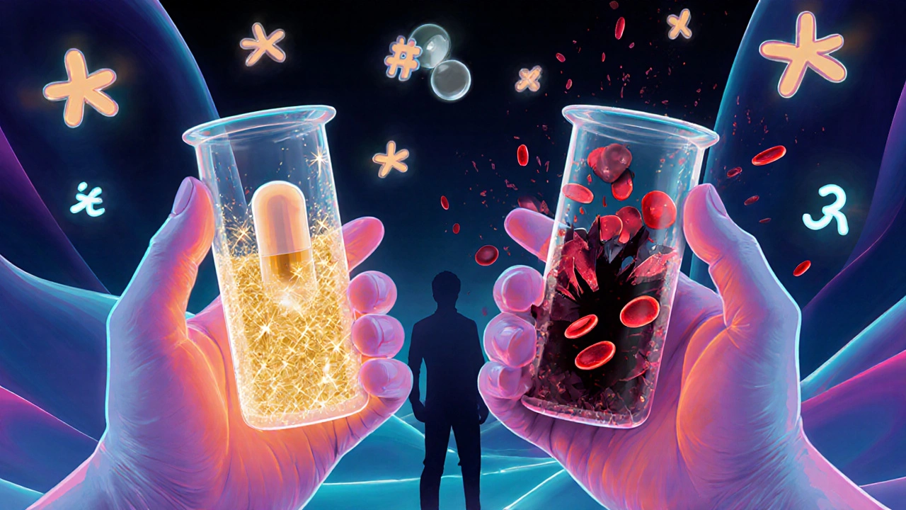 Two hands holding a test tube showing healthy vs. broken enzyme processing of a drug.