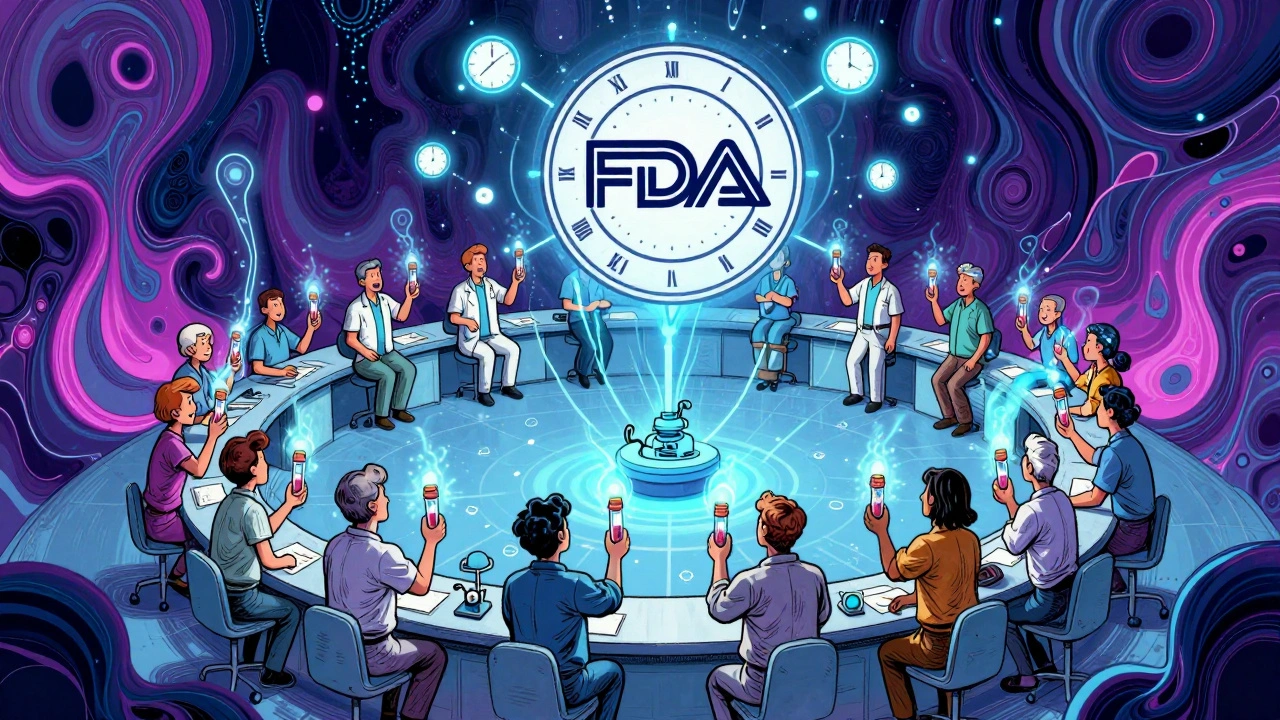 24 volunteers in a circular lab, each holding glowing blood vials, with floating clock faces and pharmacokinetic curves in vibrant colors.