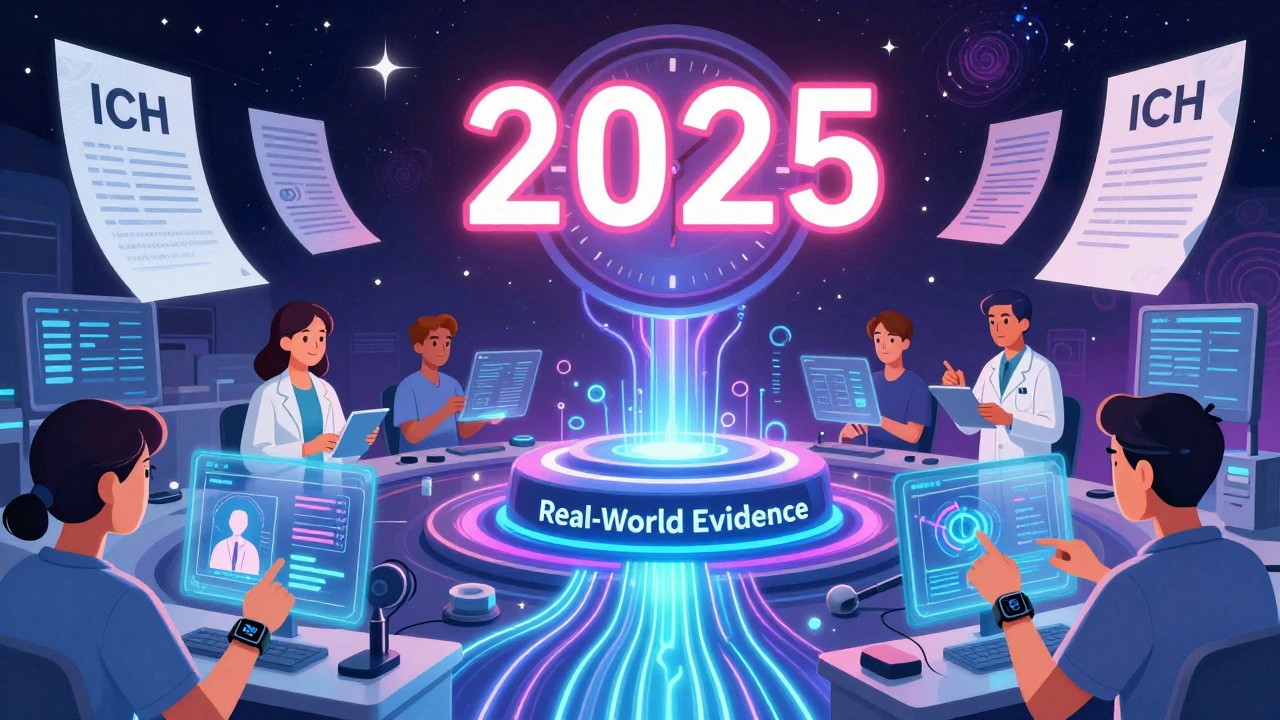 A futuristic lab with glowing data streams and holographic patients, centered on real-world evidence.