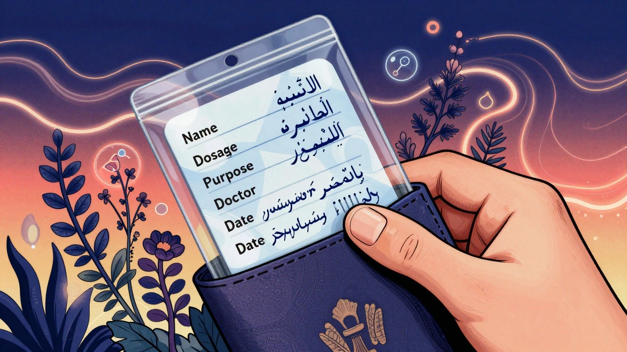 A hand places a waterproof medication card into a passport, with floating medical details in multiple languages.