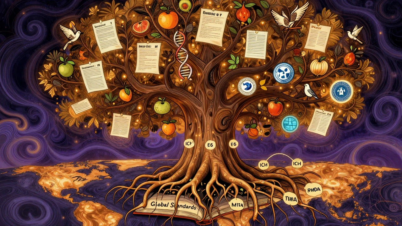 A magical tree with ICH guidelines as roots, bearing clinical trial fruits, watched by regulatory birds.