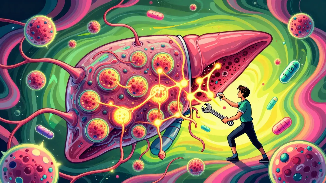 A microscopic liver cell under attack by scar tissue, with a tiny figure fighting back using science and movement.