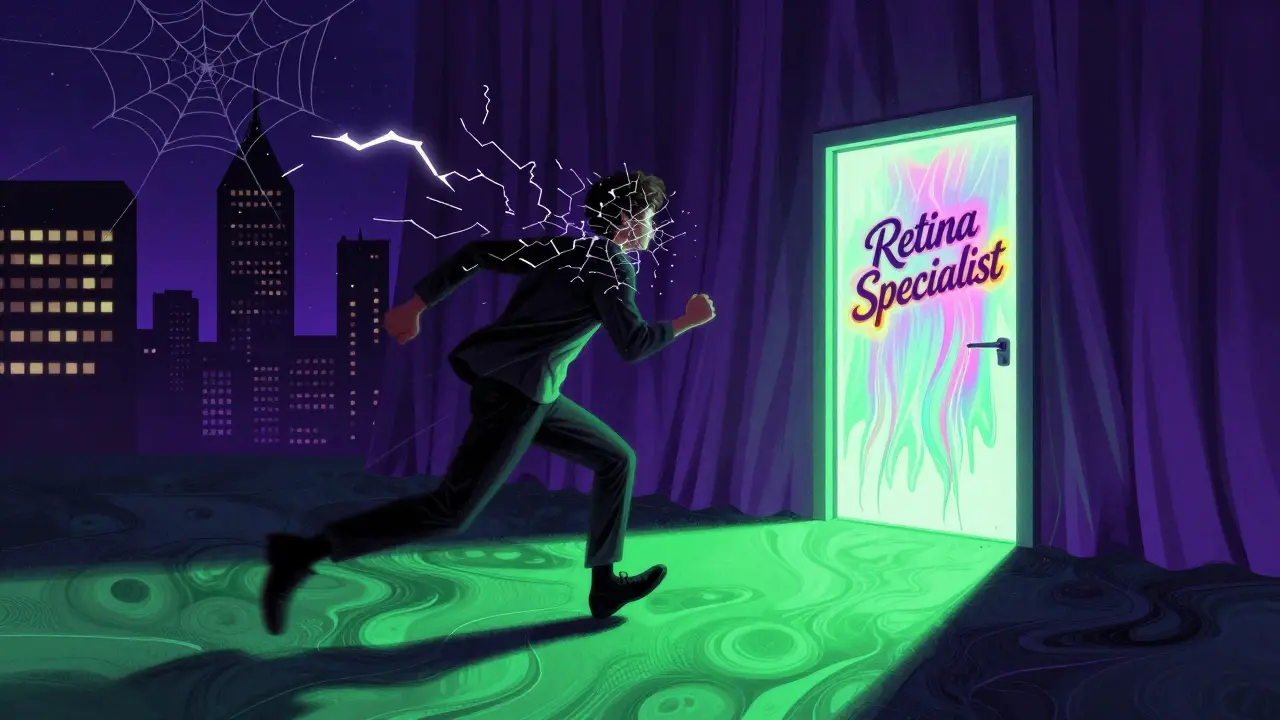 A person running toward a glowing clinic door as their vision shatters into shadows and light flashes.