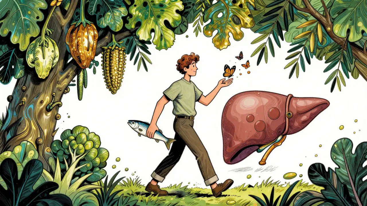 A person walking amid healthy foods as fat transforms into butterflies, with a healing liver in the background.