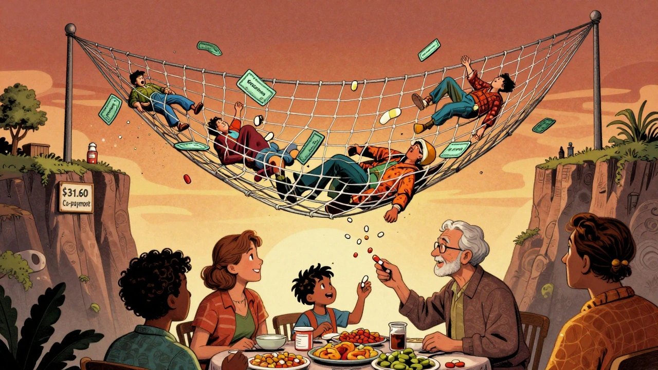 A safety net made of medicine cards catches falling patients in vibrant psychedelic art