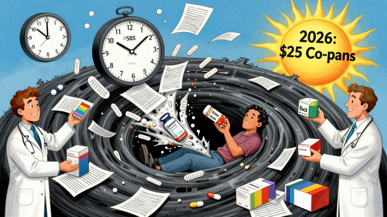 A swirling vortex of paperwork sucks in a patient while generics are handed out outside