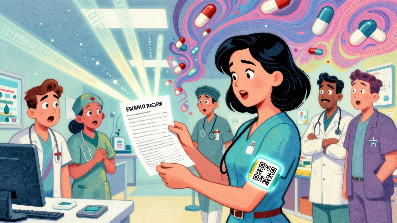 A woman in an emergency room shows a multilingual medication list as staff react with relief.