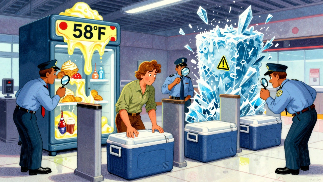 At airport security, a medical cooler is inspected while a malfunctioning hotel fridge melts into warm goo and dry ice shatters.