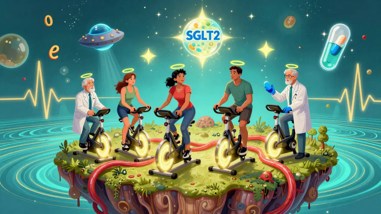 Cardiac rehab island with exercise bikes and pill-UFOs, floating amid abstract heartbeats and cholesterol numbers.