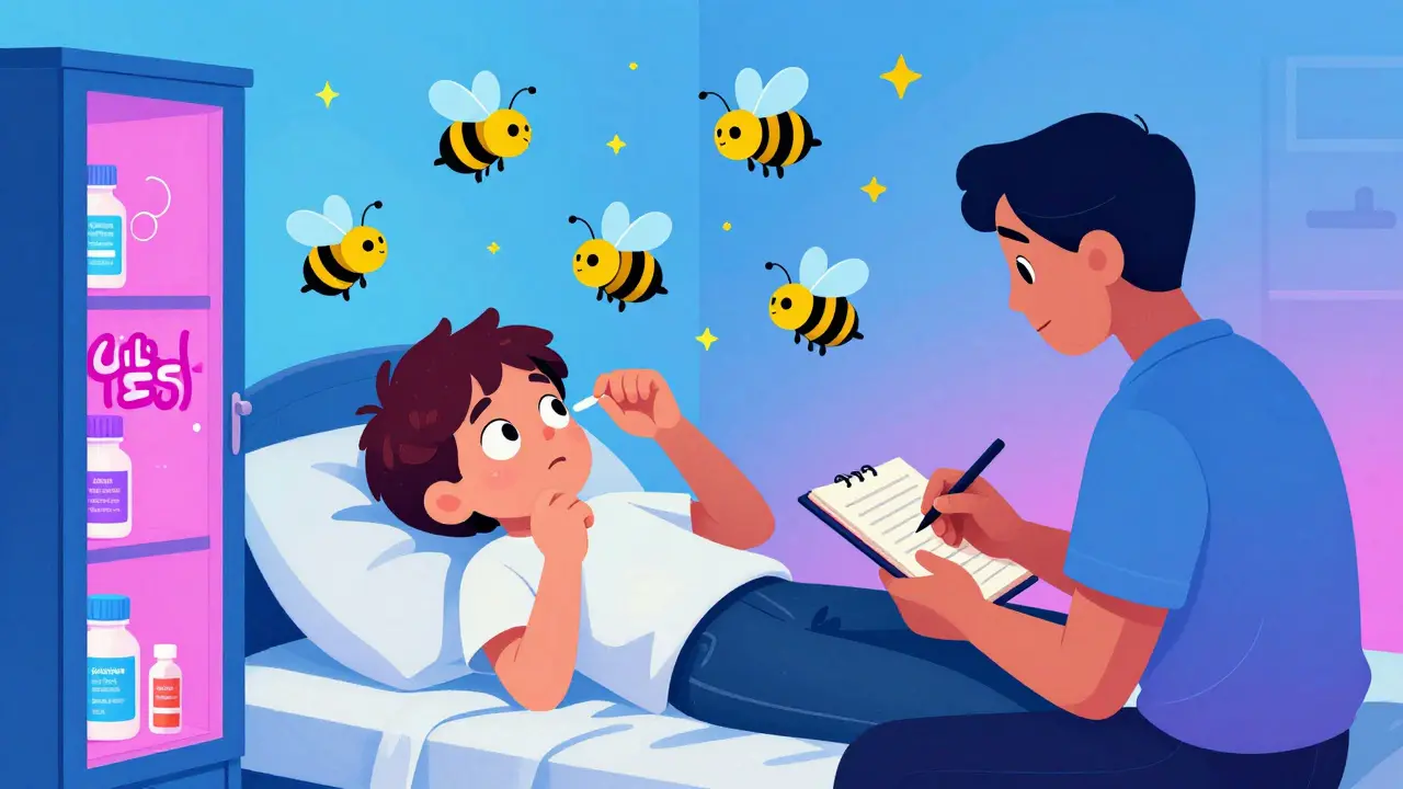 Child hyperactive after medication, parent taking notes, medicine cabinet glowing