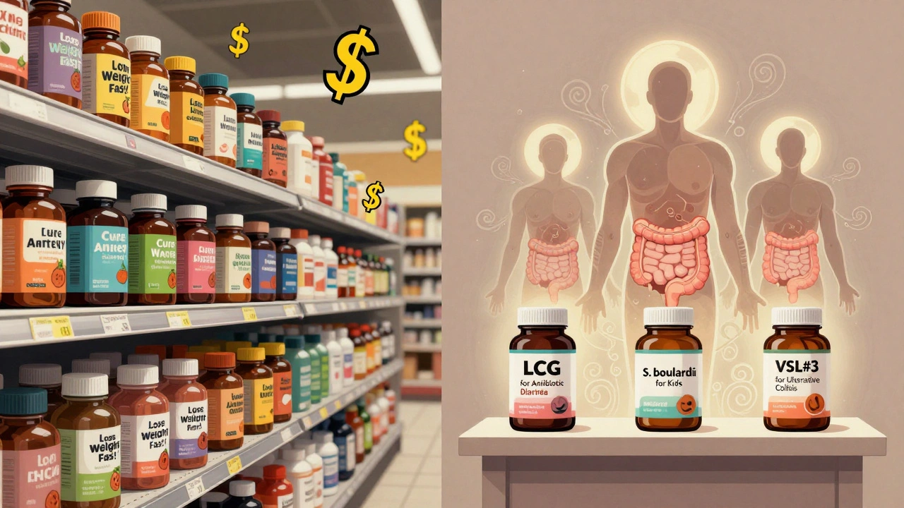 Contrast between flashy probiotic supplements and clearly labeled effective strains in a minimalist apothecary.