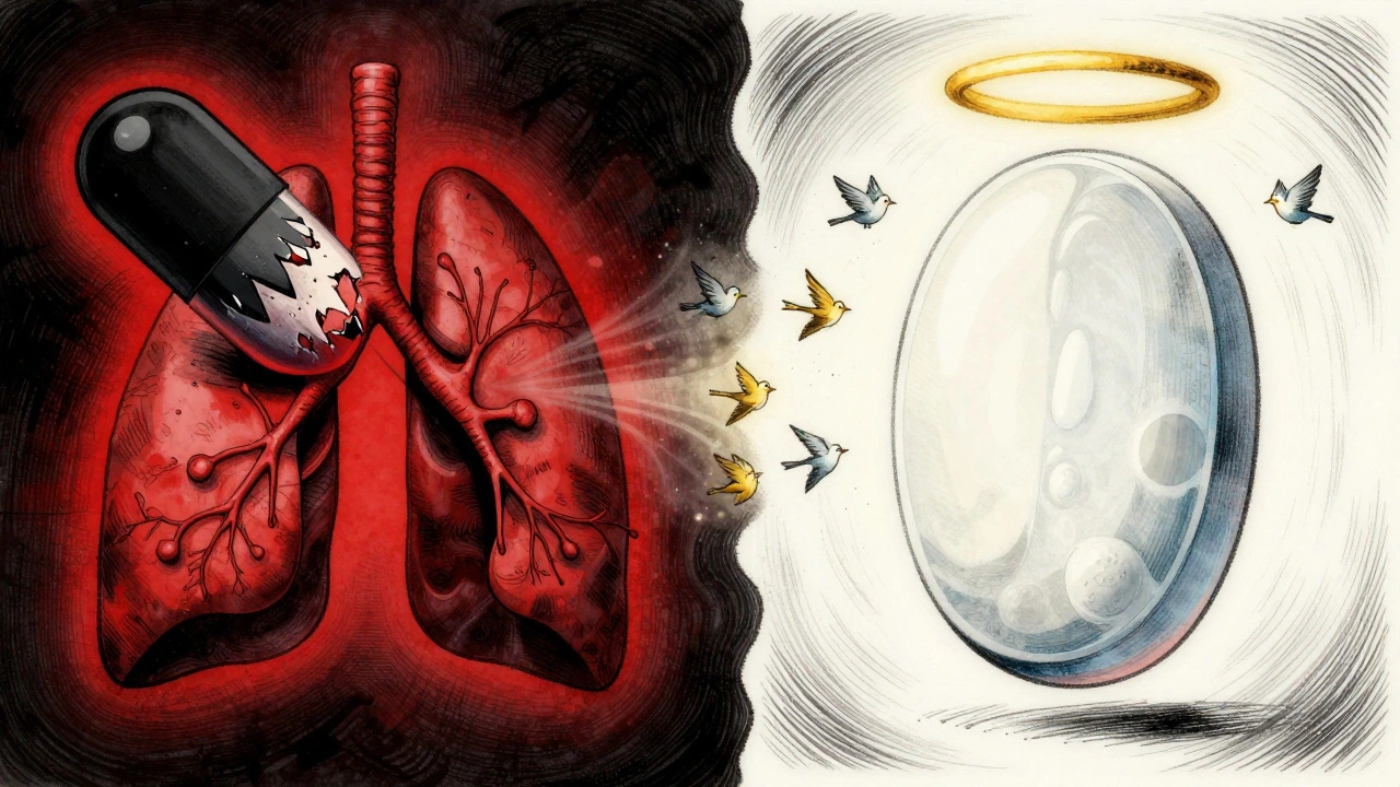 Contrasting images: a dark pill crushing lungs vs. a gentle pill above open airways with birds flying free.