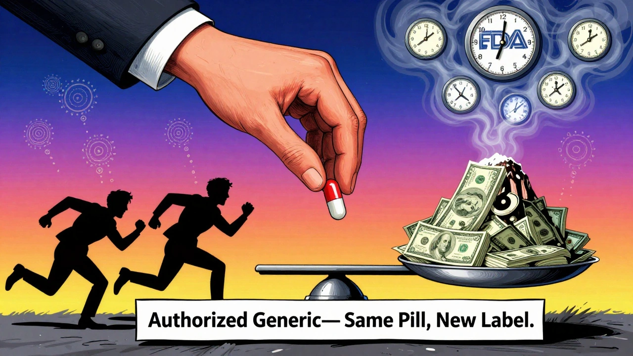 Corporate hand placing generic pill on scale against cash mountain, competitors fleeing, psychedelic background.