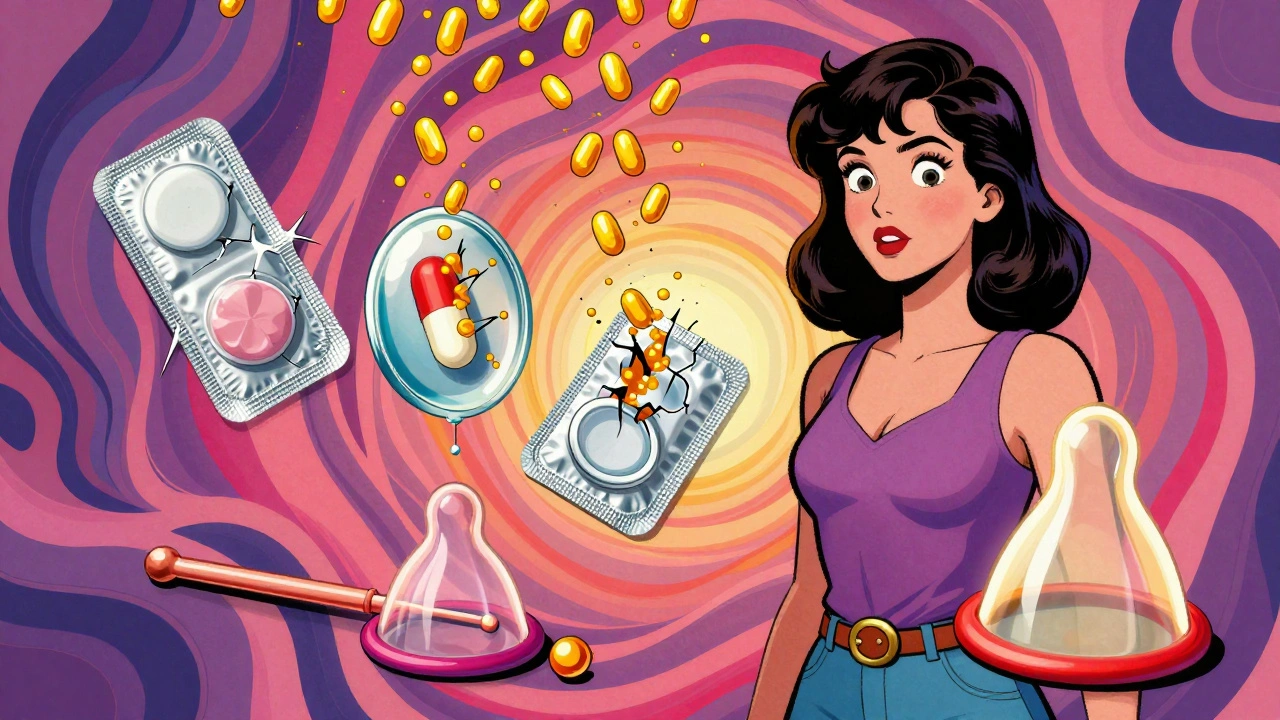 Cracking pill, patch, and ring under rifampin rain, with safe copper IUD and condom glowing in foreground.