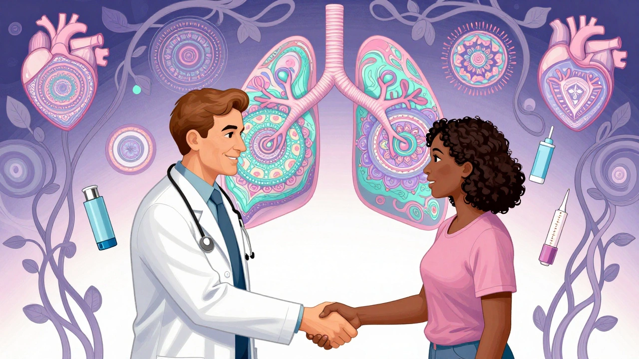 Doctor and patient shaking hands under floating heart and lung mandalas, with medical tools woven into the background.