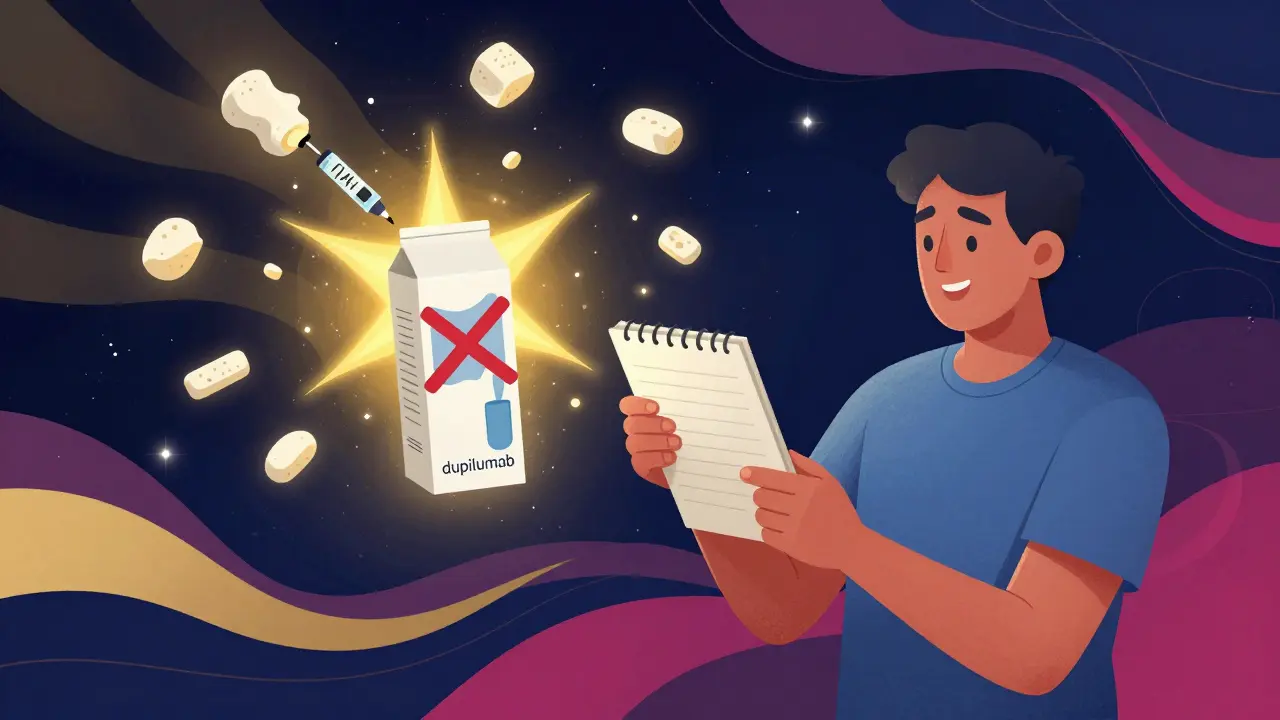 EoE patient with milk eliminated and dupilumab injection glowing among dissolving protein fragments.