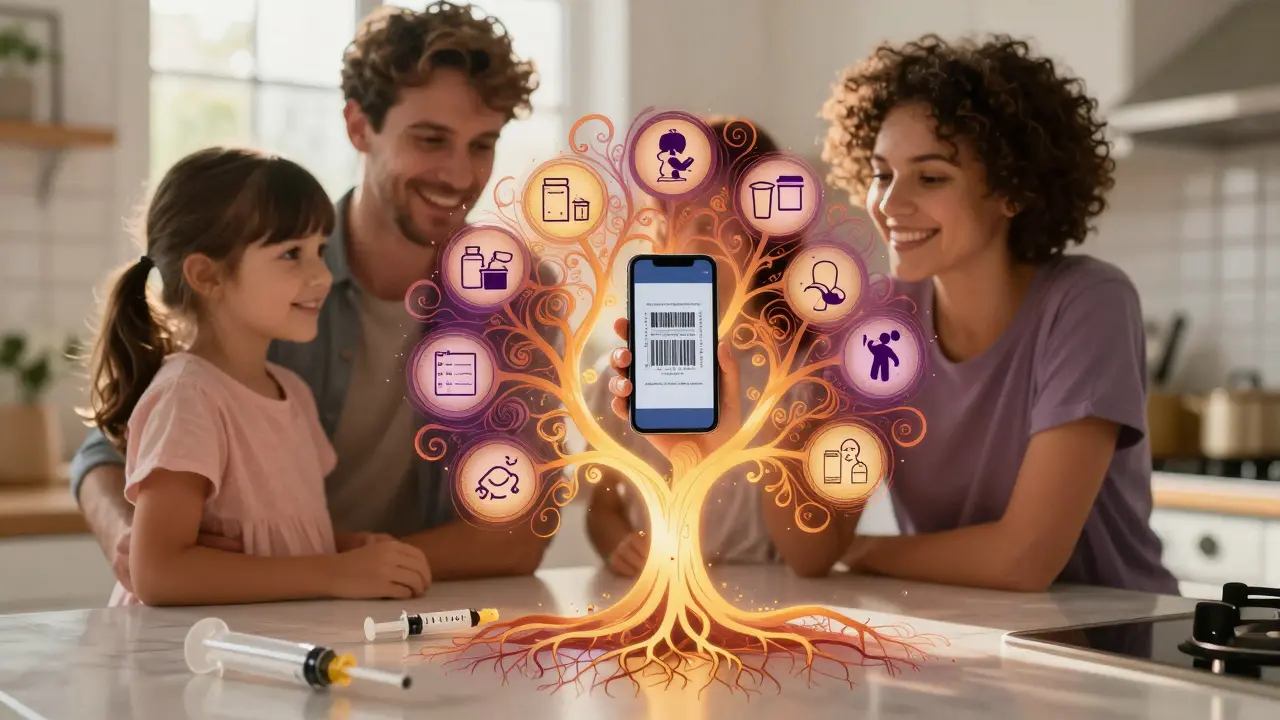 Family using phone to scan medicine label, abstract tree of safety growing from counter