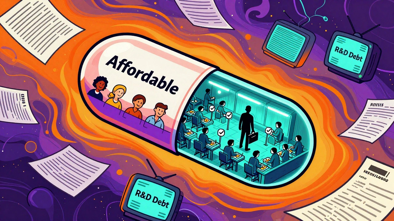 Floating generic pill with layered visuals of affordability, QC workers, and hidden R&amp;D debt in swirling colors