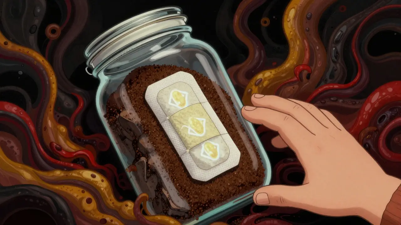 Folded medicated patch sealed in a jar with coffee grounds, glowing symbols inside, child's hand reaching.