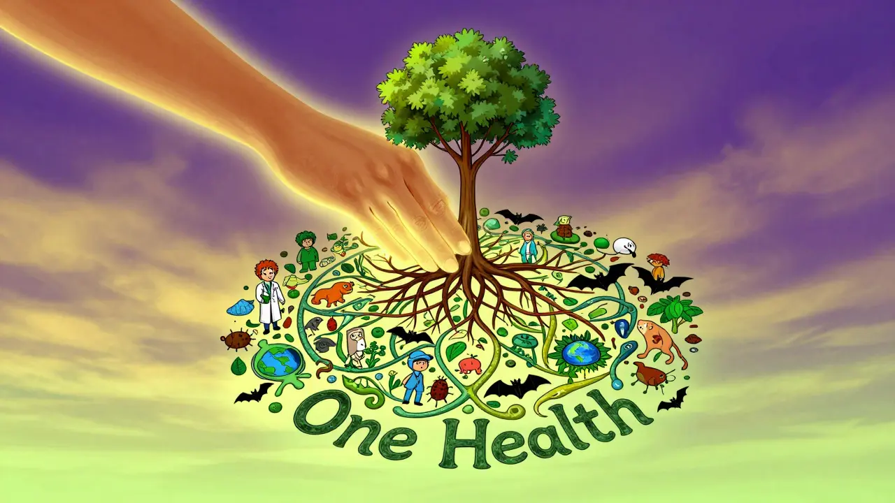 Giant hand planting a tree made of interconnected humans, animals, and environment in a glowing mandala.