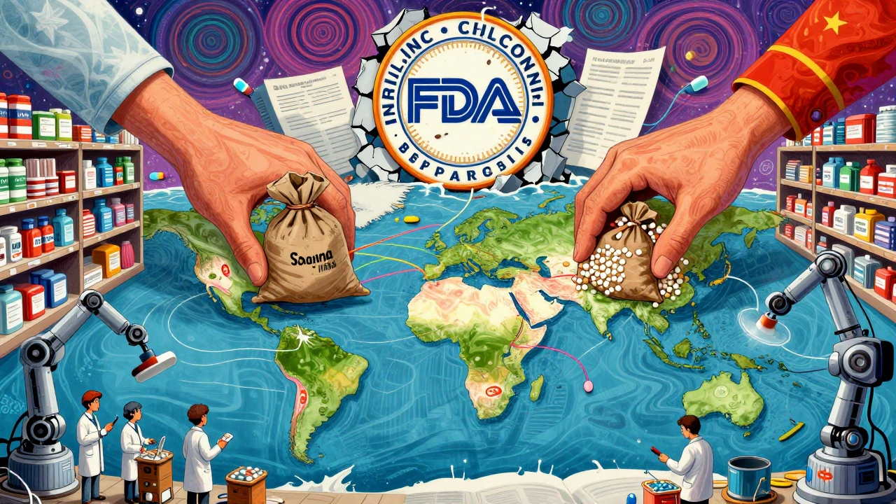 Giant hands from India and China delivering pills to U.S. pharmacy as American workers watch with robotic arms