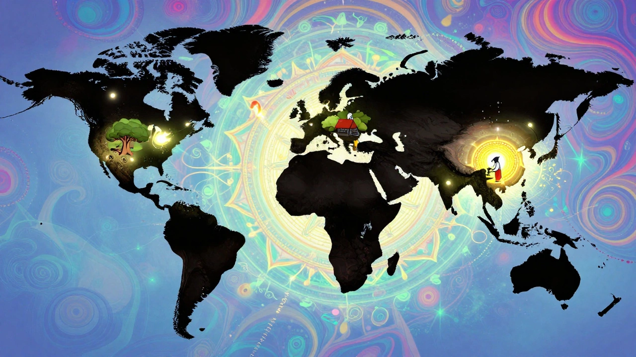 Global map showing limited HIV injection access, with one village illuminated by community care and swirling patterns.