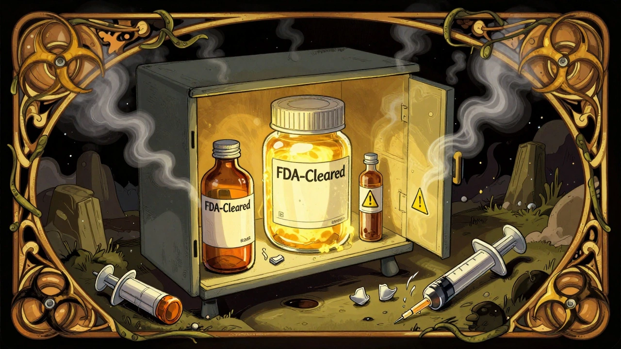 Glowing FDA-approved sharps containers in a medicine cabinet, with dangerous waste dissolving into smoke